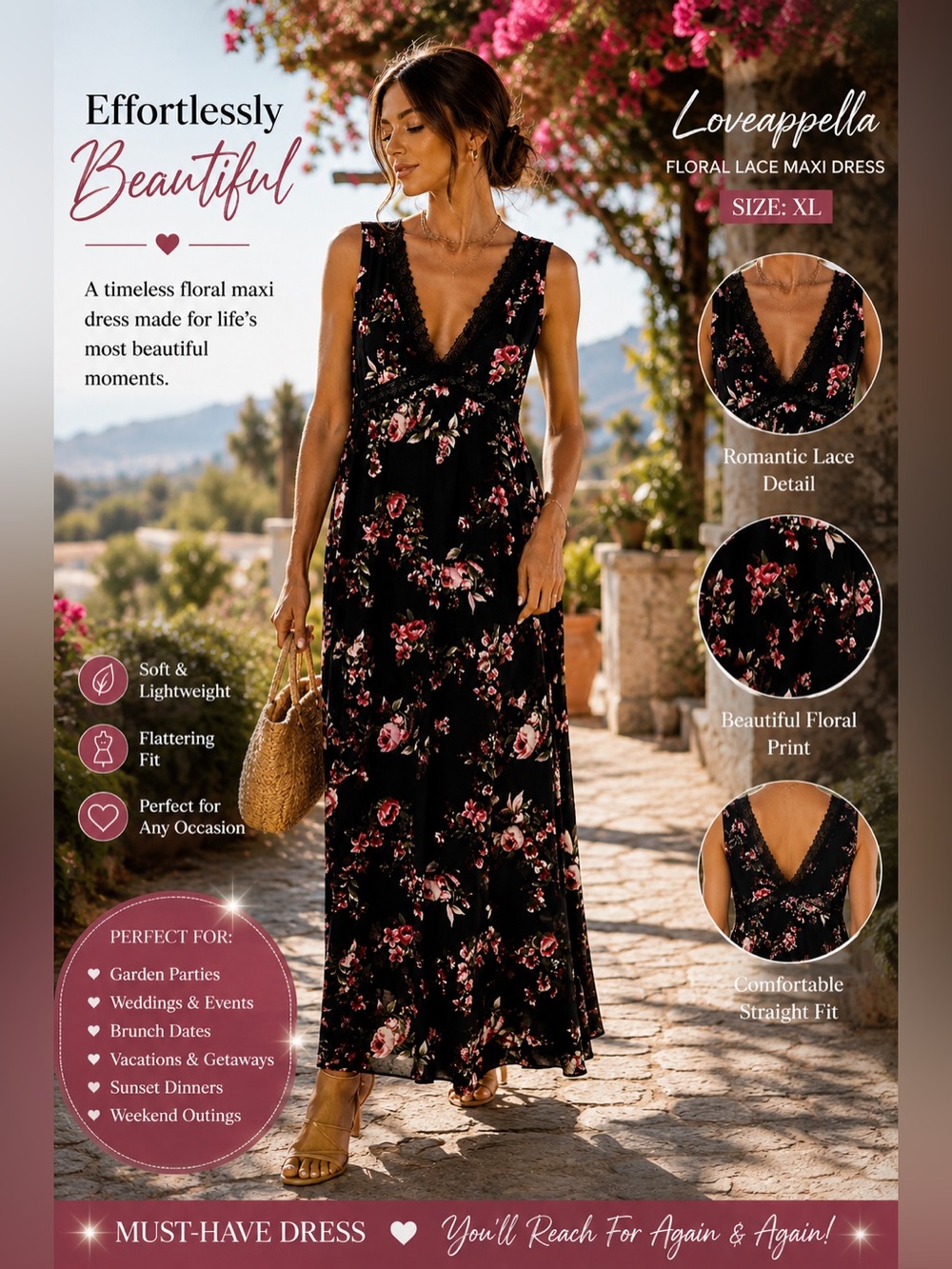 Loveappella Black Maxi Dress with Pink Floral Print
